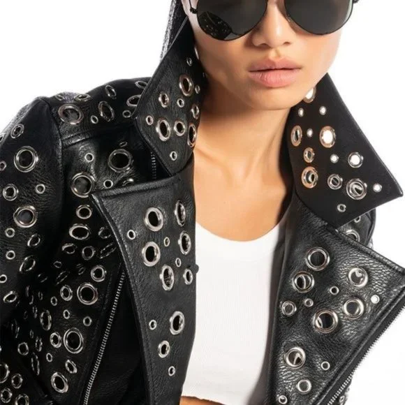 Miz 360: Circle of Life Cropped Grommet Vegan Leather Moto Jacket Large - Picture 5 of 13